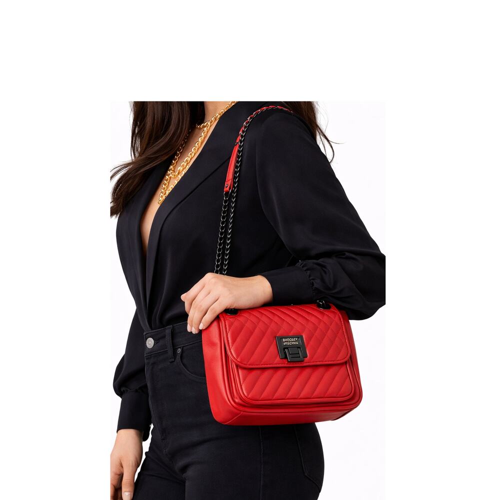 Badgley Mischka Purse Red Quilted Shoulder Bag Vegan Leather Crossbody NEW